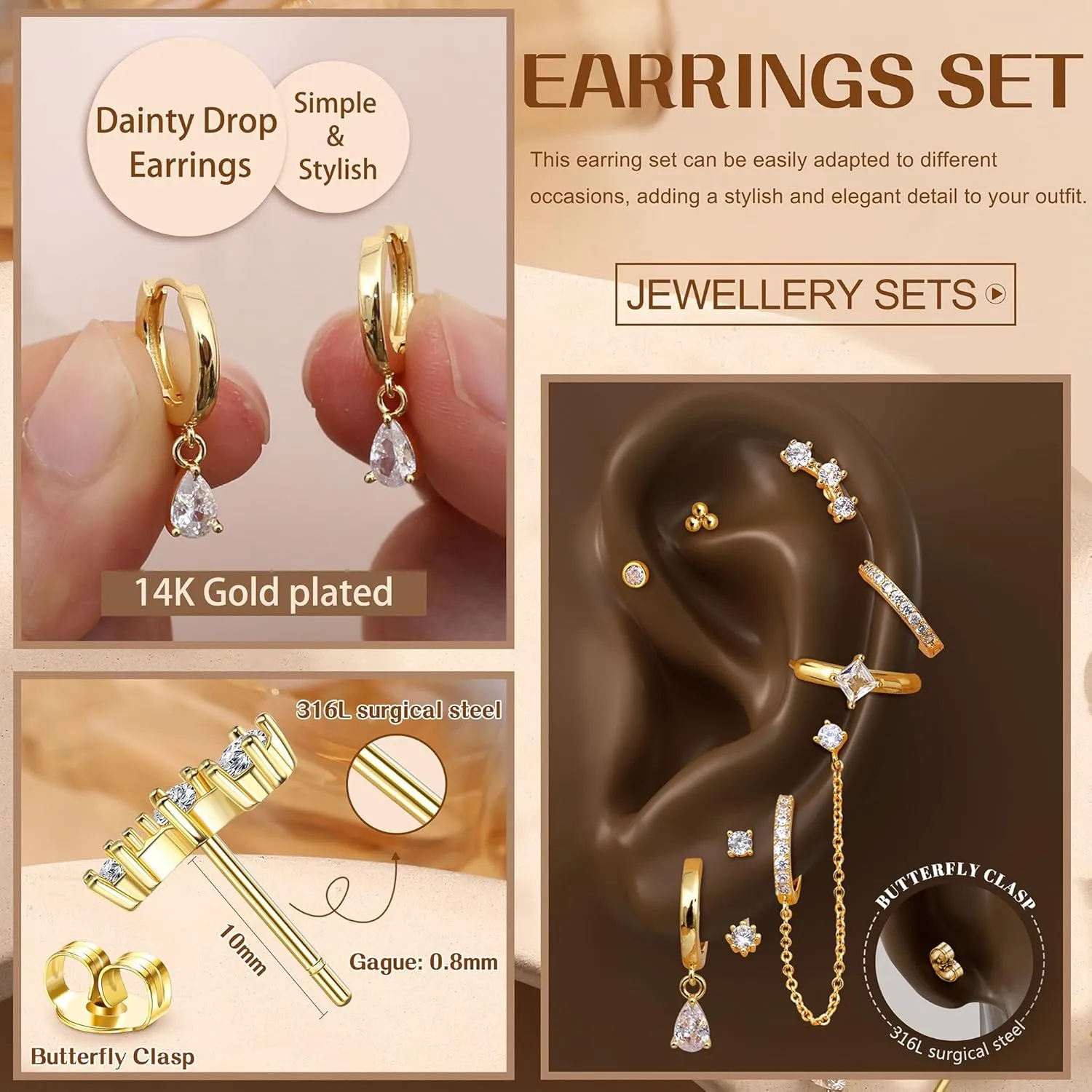Small Gold Hoop Earrings Set for Women - 14K Gold Plated Hypoallergenic Huggie Hoop Studs Earring Stacks for Sensitive Ears - Cartilage Earring Sets for Multiple Piercing 8 Pairs