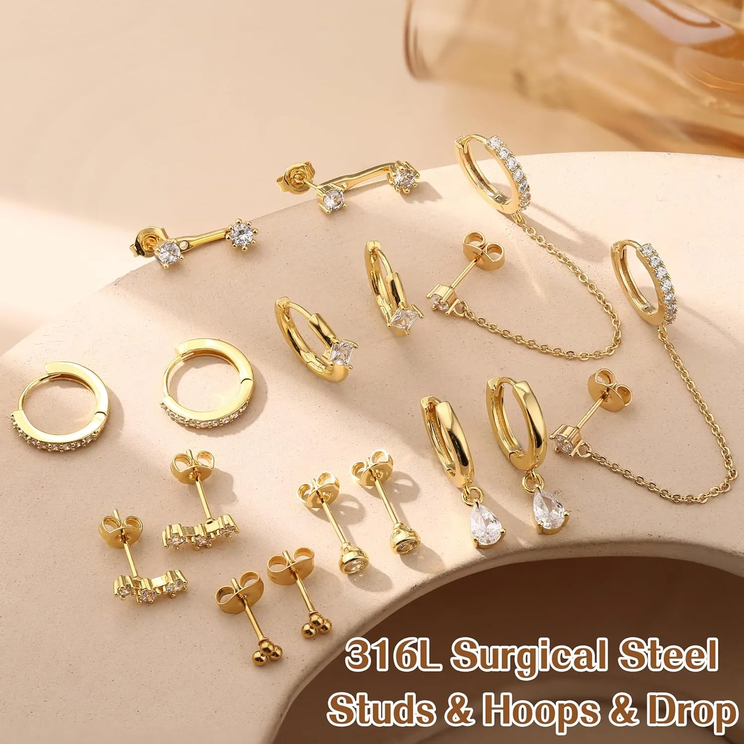Small Gold Hoop Earrings Set for Women - 14K Gold Plated Hypoallergenic Huggie Hoop Studs Earring Stacks for Sensitive Ears - Cartilage Earring Sets for Multiple Piercing 8 Pairs