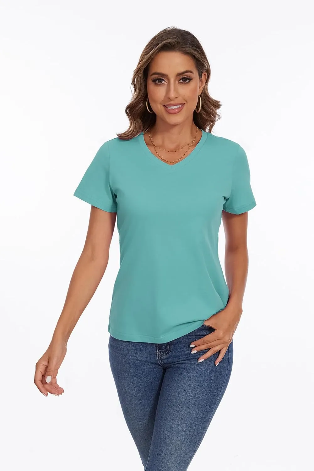 SMENG Women's Cotton V Neck T-Shirt Short Sleeve Solid Color Tee Casual Fit Tee Breathable Summer Fashion Tops