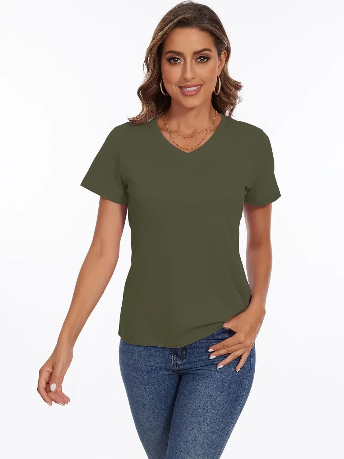 SMENG Women's Cotton V Neck T-Shirt Short Sleeve Solid Color Tee Casual Fit Tee Breathable Summer Fashion Tops