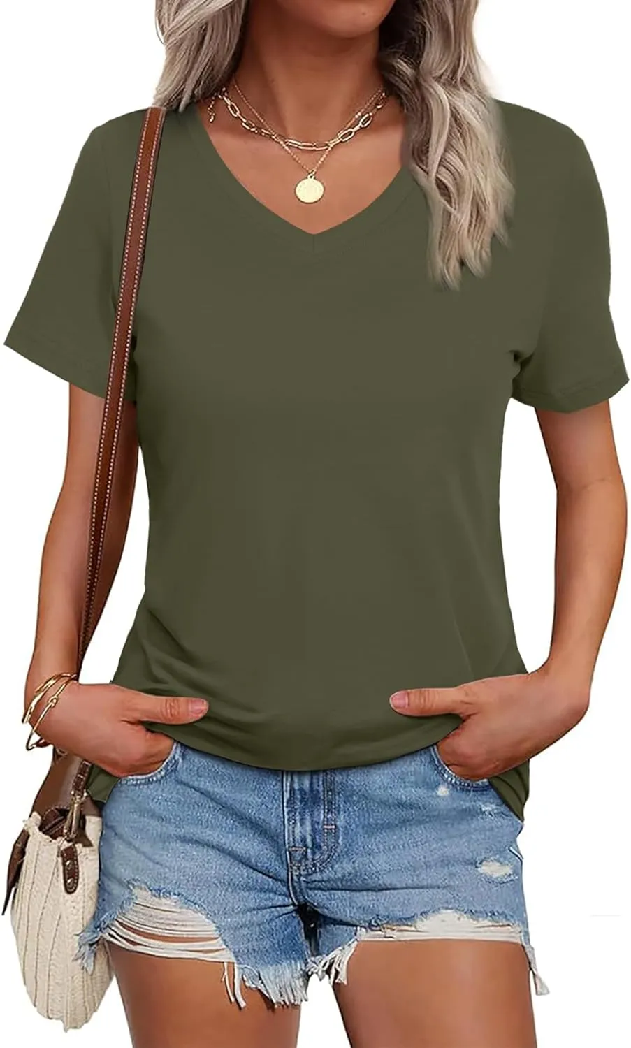 SMENG Women's Cotton V Neck T-Shirt Short Sleeve Solid Color Tee Casual Fit Tee Breathable Summer Fashion Tops