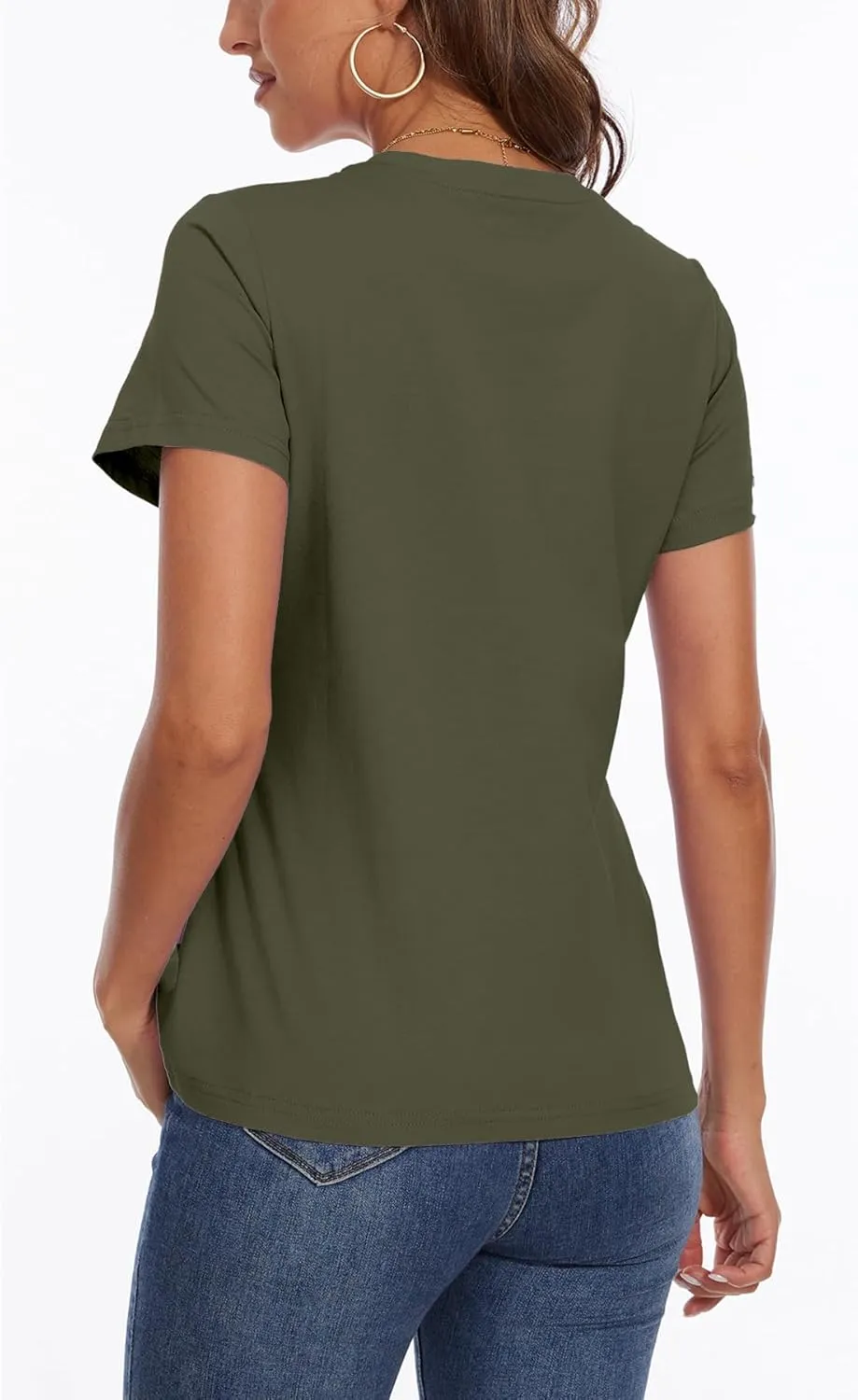 SMENG Women's Cotton V Neck T-Shirt Short Sleeve Solid Color Tee Casual Fit Tee Breathable Summer Fashion Tops