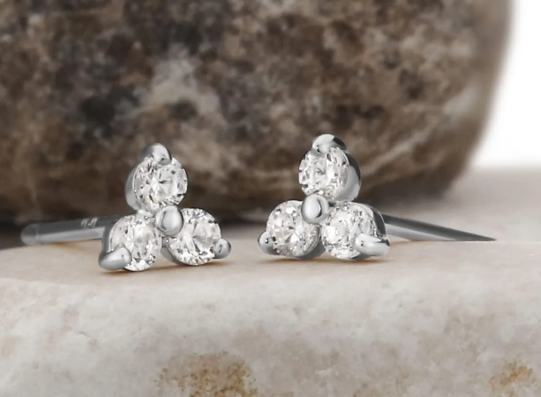 Solid 14k Gold Mini Lotus Cubic Zirconia Studs, Trefoil Trinity Triple Cluster Minimalist Earrings