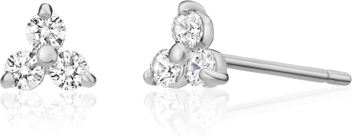 Solid 14k Gold Mini Lotus Cubic Zirconia Studs, Trefoil Trinity Triple Cluster Minimalist Earrings
