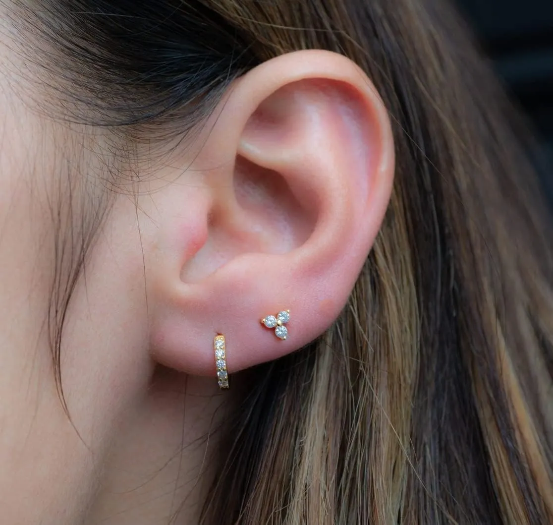 Solid 14k Gold Mini Lotus Cubic Zirconia Studs, Trefoil Trinity Triple Cluster Minimalist Earrings