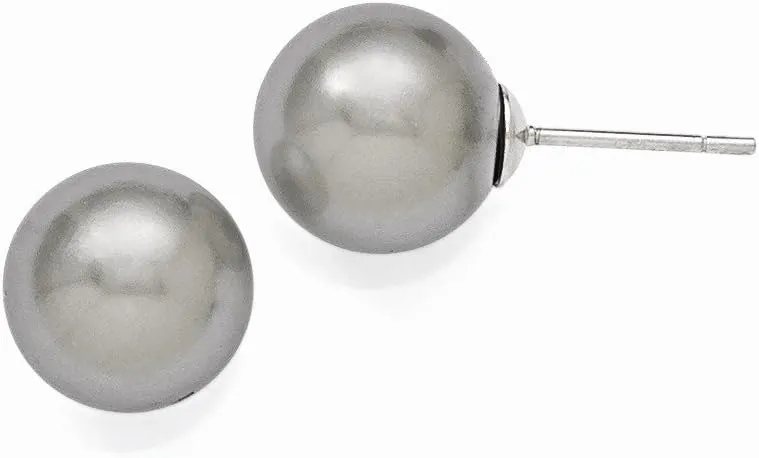 Solid 925 Sterling Silver 10-11mm Grey Imitation Shell Pearl Stud Earrings mm