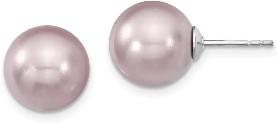 Solid 925 Sterling Silver 10-11mm Purple Imitation Shell Pearl Stud Earrings mm