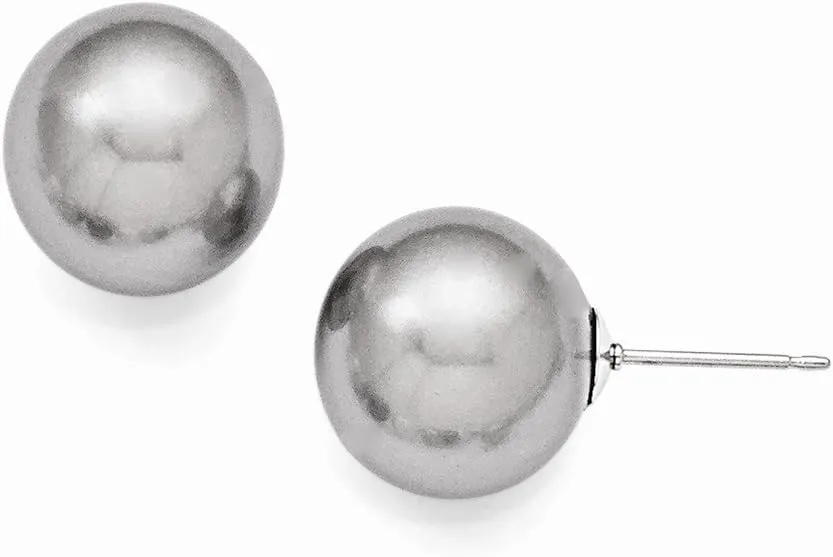 Solid 925 Sterling Silver 12-13mm Grey Imitation Shell Pearl Stud Earrings mm
