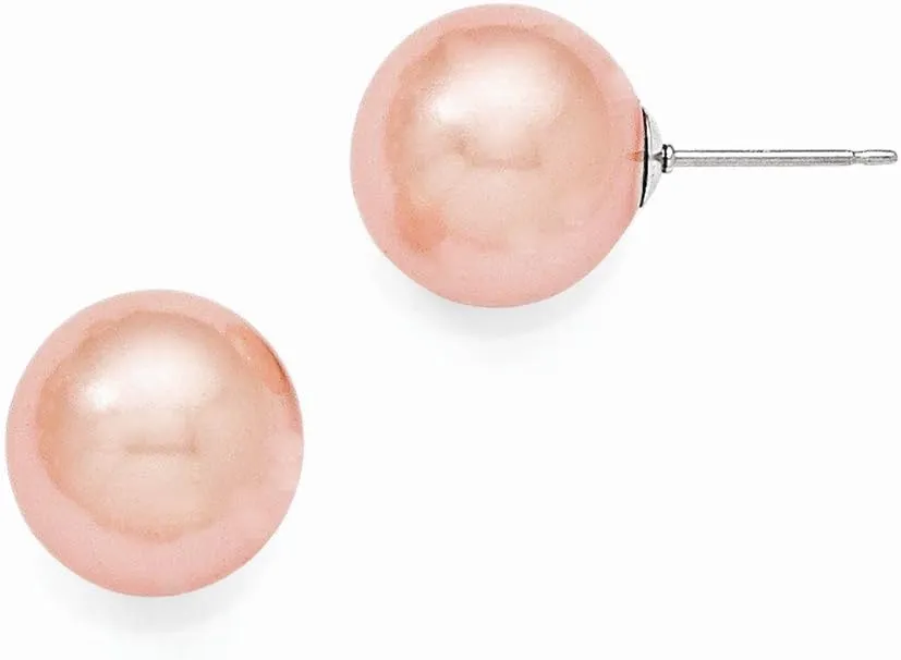 Solid 925 Sterling Silver 12-13mm Pink Imitation Shell Pearl Stud Earrings mm