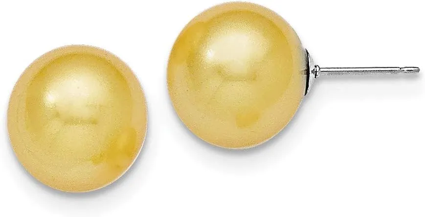 Solid 925 Sterling Silver 12-13mm Yellow Imitation Shell Pearl Stud Earrings mm