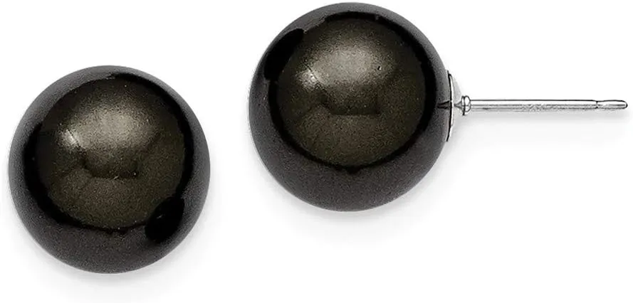 Solid 925 Sterling Silver Majestik 12-13mm Blk Imitation Shell Pearl Stud Earrings mm