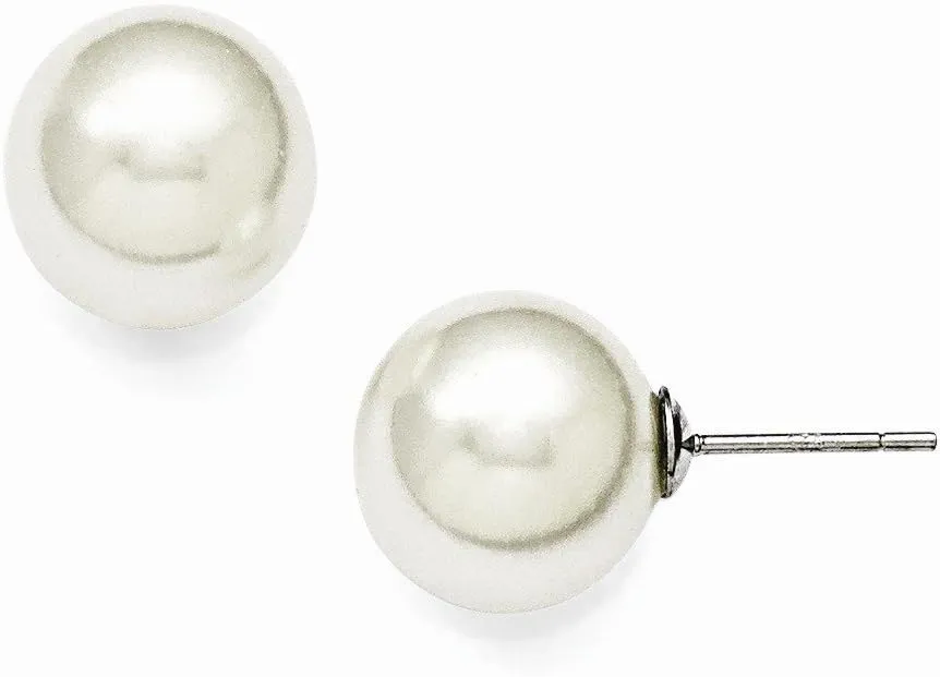 Solid 925 Sterling Silver Majestik 12-13mm White Imitation Shell Pearl Stud Earrings mm
