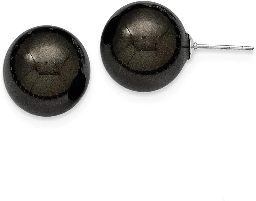 Solid 925 Sterling Silver Majestik 14-15mm Blk Imitation Shell Pearl Stud Earrings mm