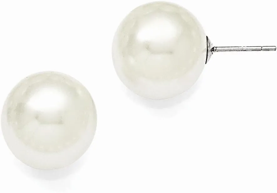 Solid 925 Sterling Silver Majestik 14-15mm White Imitation Shell Pearl Stud Earrings mm