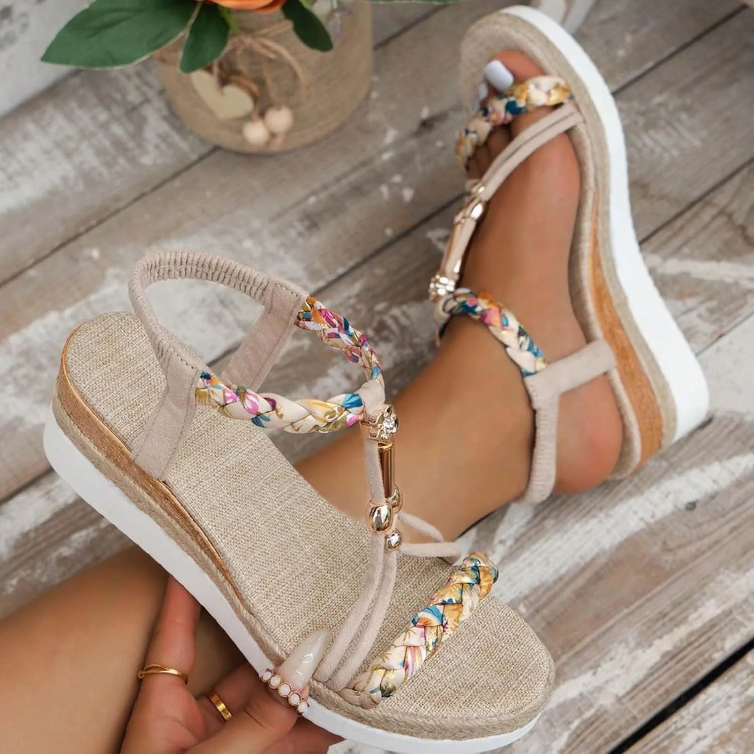 Spring And Summer Fashion Wedge Heel Thick Soled Shoes Heightening Women's Elastic Band Hollow Women's Shoes