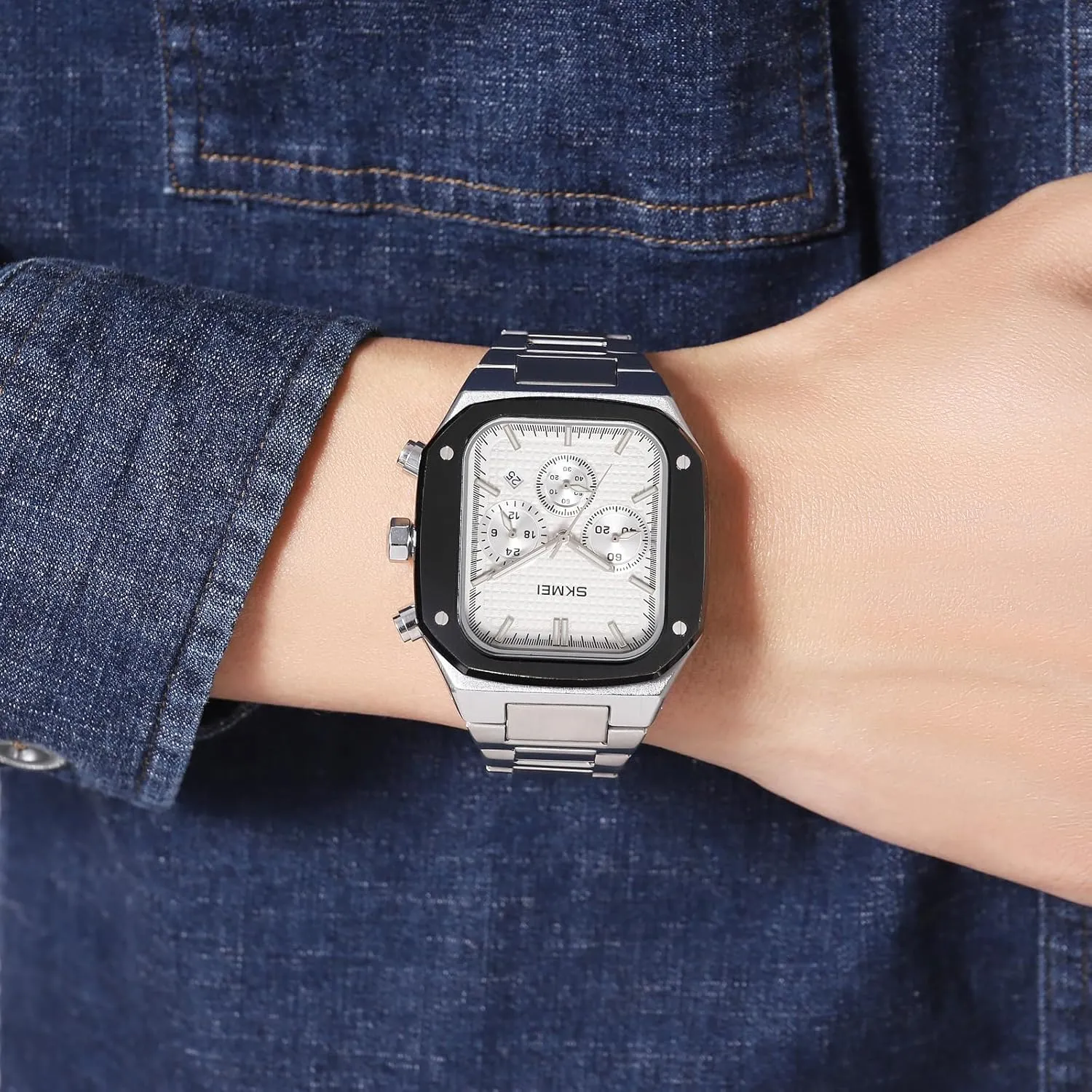 Square Watch for Men Business Stainless Steel Watch with Chronograph Date Waterproof Analog Quartz Fashion Wristwatch Luminous Gold Men's Watch