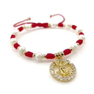 St Michael Archangel Pendant Medal on Adjustable Ivory Cord and Imintation Pearls Wrist Adjustable Bracelet (Red)