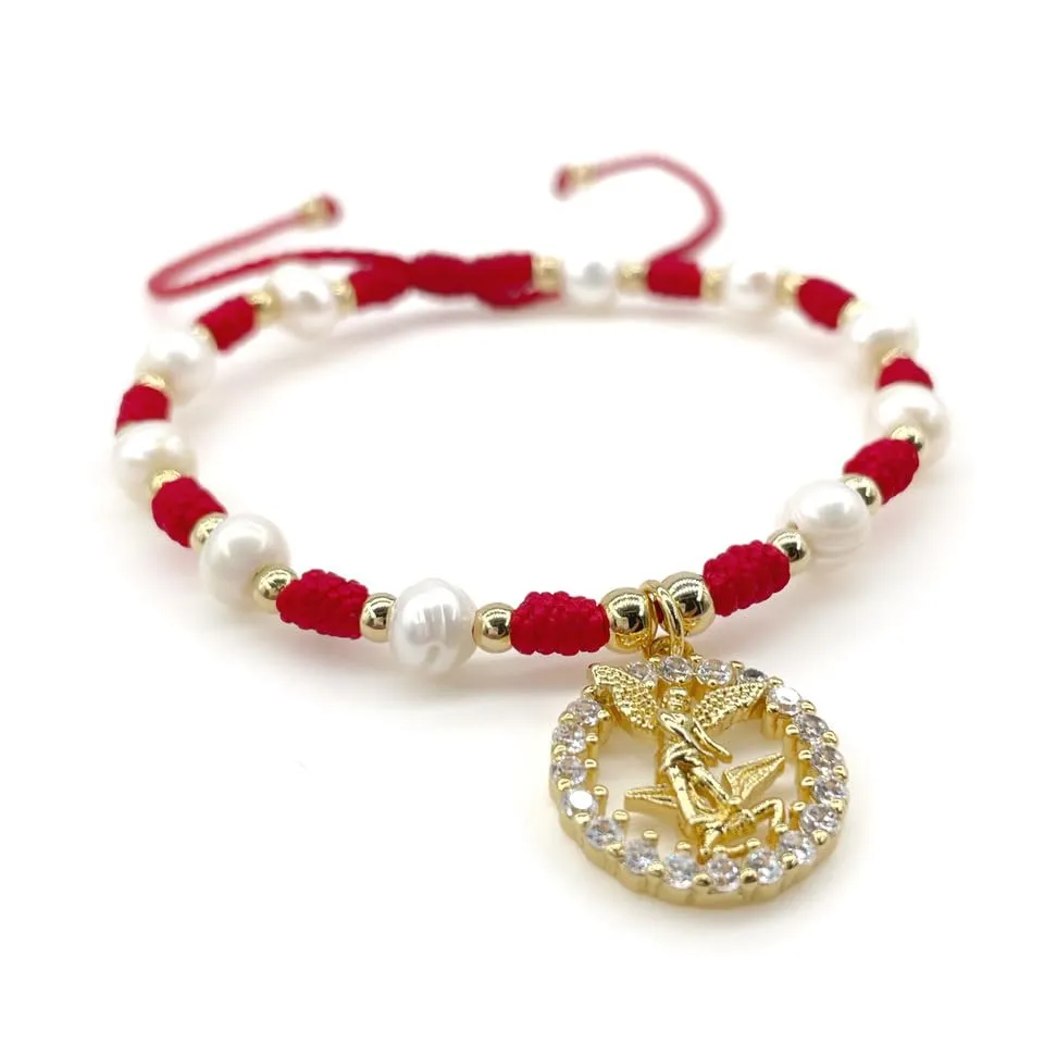St Michael Archangel Pendant Medal on Adjustable Ivory Cord and Imintation Pearls Wrist Adjustable Bracelet (Red)