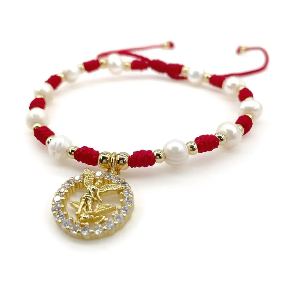 St Michael Archangel Pendant Medal on Adjustable Ivory Cord and Imintation Pearls Wrist Adjustable Bracelet (Red)