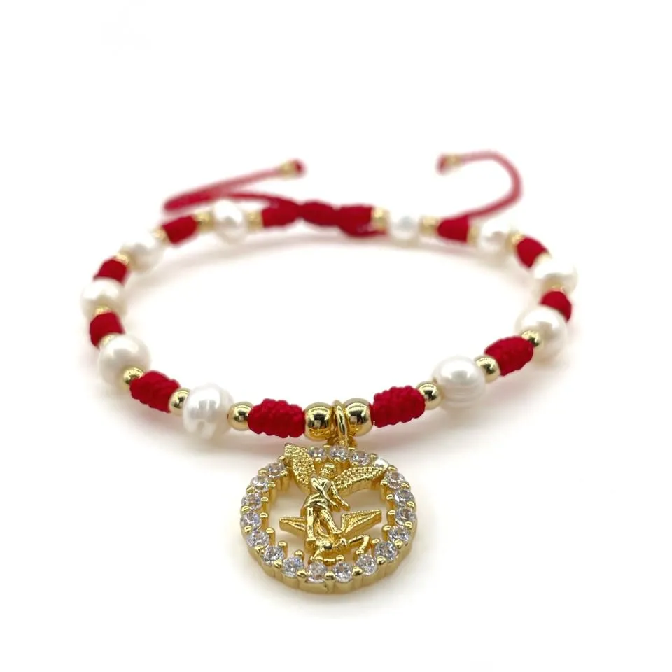 St Michael Archangel Pendant Medal on Adjustable Ivory Cord and Imintation Pearls Wrist Adjustable Bracelet (Red)