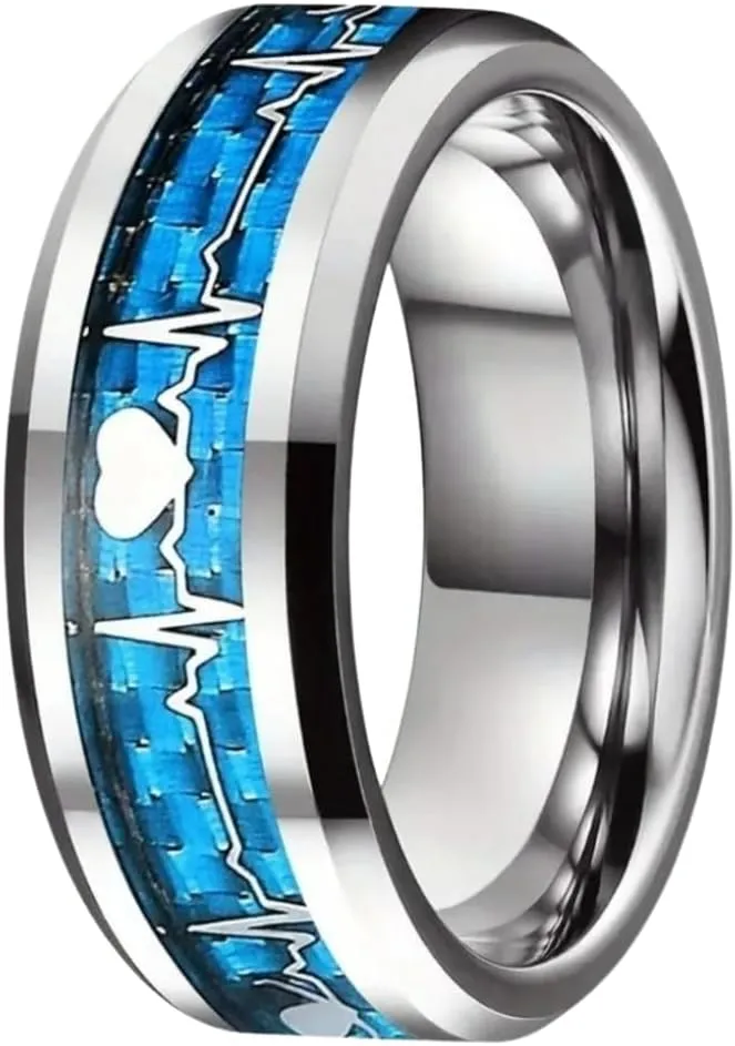 Stainless Steel Heartbeat Ring, 8mm Thick, EKG Wave Design, Polished Couples Band - Elegant & Chic Love-Inspired Jewelry for > Him & Her - EMT's - Healthcare - Premium Black Velvet Ring Box Included.
