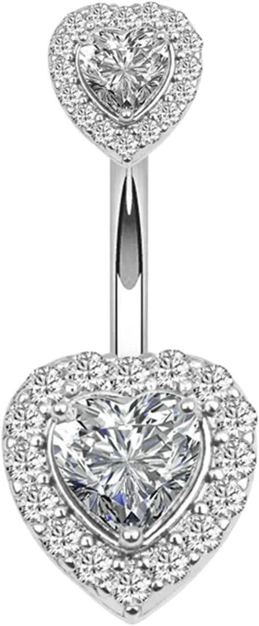 Stainless Steel Navel Rings for Women, CZ Women Navel Rings Heart Pendant Silver Navel Rings