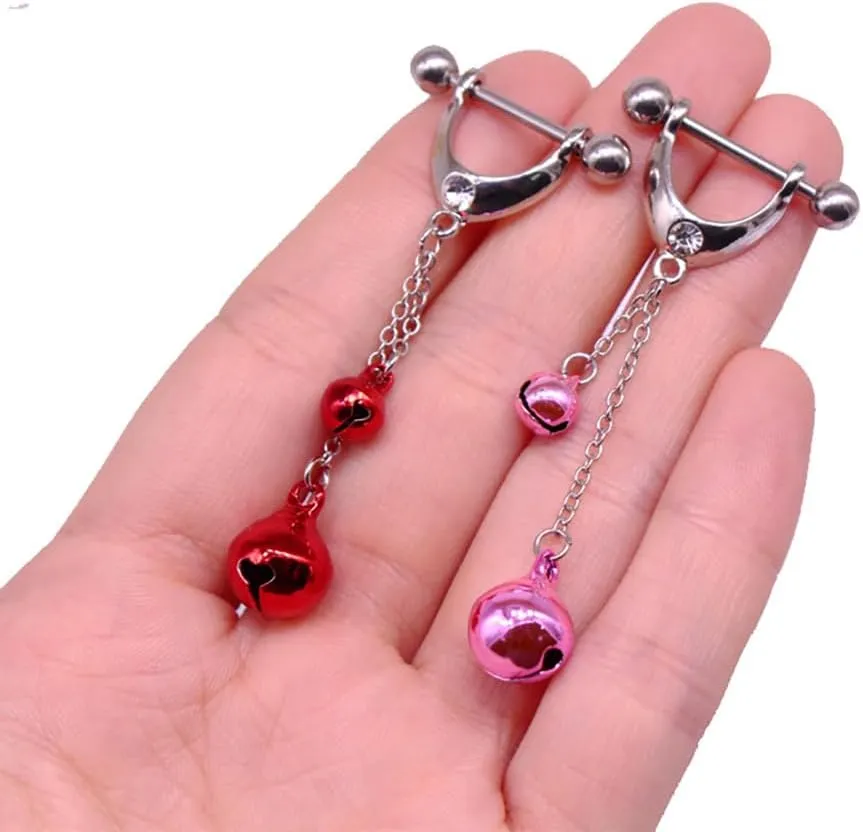 Stainless Steel Nipple Rings Bells Pendant Pierced Tongue Nipplerings Nipple Shield Barbells Piercing Breast Nipple Accessories Jewelry (Red)