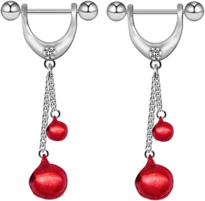 Stainless Steel Nipple Rings Bells Pendant Pierced Tongue Nipplerings Nipple Shield Barbells Piercing Breast Nipple Accessories Jewelry (Red)