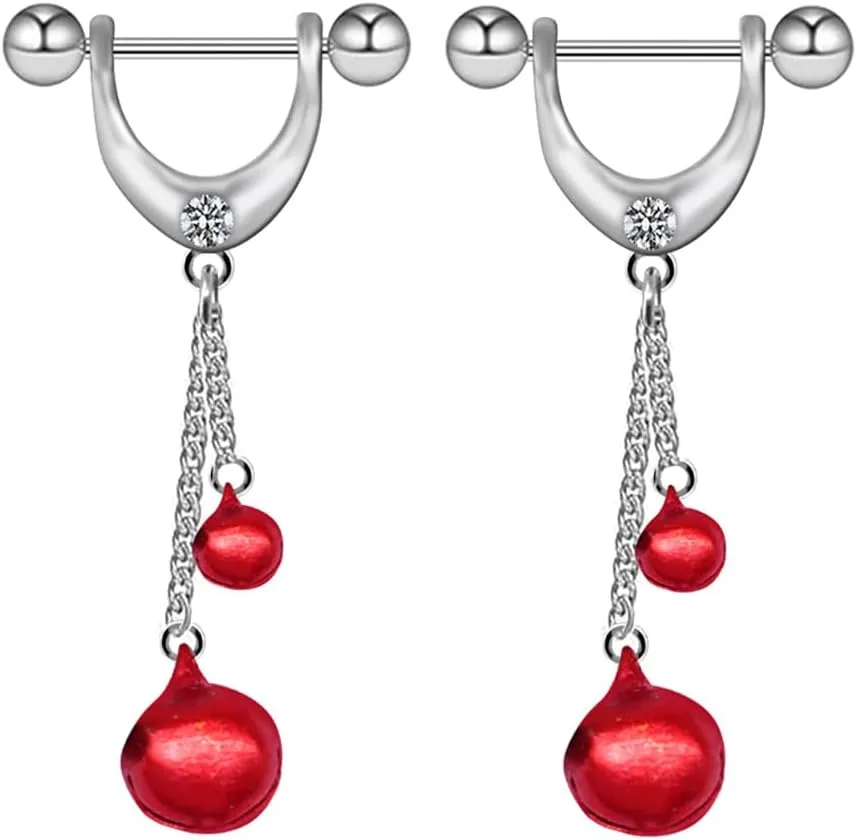 Stainless Steel Nipple Rings Bells Pendant Pierced Tongue Nipplerings Nipple Shield Barbells Piercing Breast Nipple Accessories Jewelry (Red)