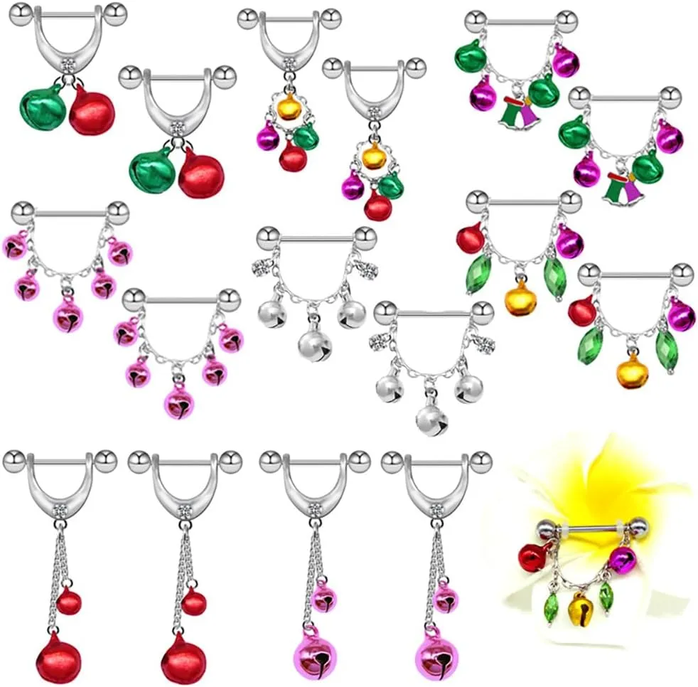 Stainless Steel Nipple Rings Bells Pendant Pierced Tongue Nipplerings Nipple Shield Barbells Piercing Breast Nipple Accessories Jewelry (Red)