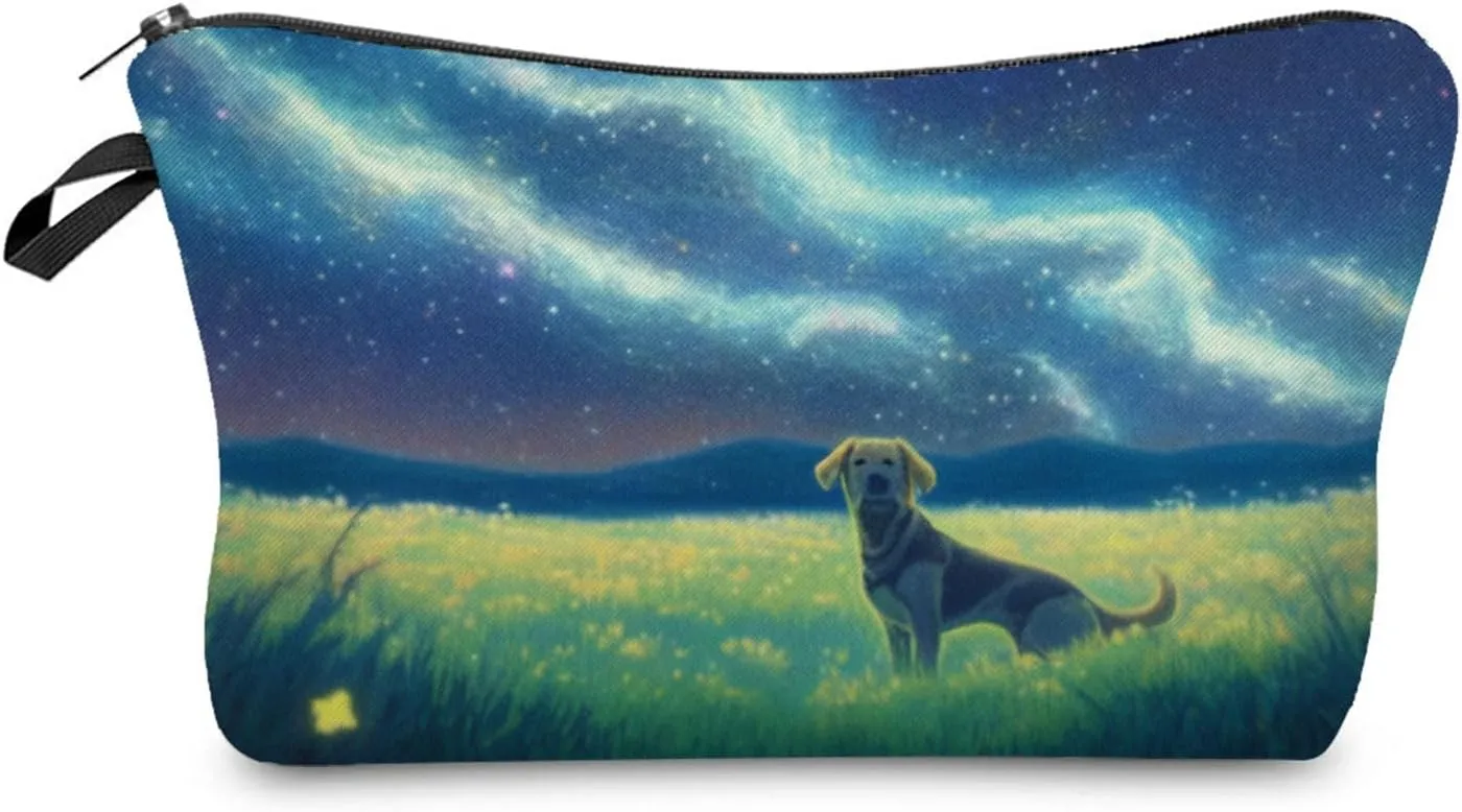 Starry Sky Puppy Makeup Bag Cute Small Organizer Bag Toiletry Zipper Pouch Anime Style Puppy Cosmetic Bag Present for Dog Lovers Dog Mom Women Friends