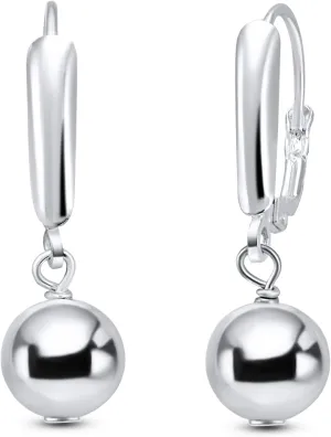 Sterling Silver Earrings for Women 8mm Diamond-cut or Shiny Ball Bead Drop Leverback Dangle Earring Fashion Trendy