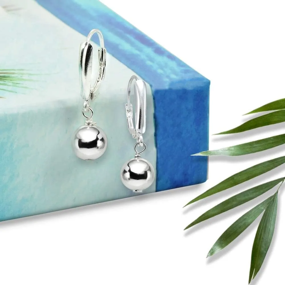 Sterling Silver Earrings for Women 8mm Diamond-cut or Shiny Ball Bead Drop Leverback Dangle Earring Fashion Trendy