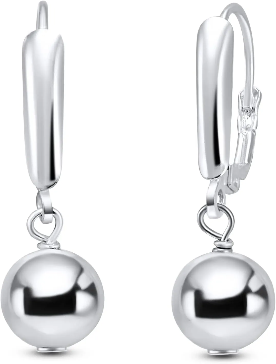 Sterling Silver Earrings for Women 8mm Diamond-cut or Shiny Ball Bead Drop Leverback Dangle Earring Fashion Trendy