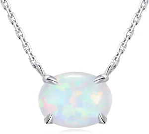 Sterling Silver Opal Necklace, 925 Sterling Silver, Small Dainty Oval Opal Jewelry for Women, Gemstone Necklaces, Womens Jewelry, Simple Rose Gold Necklaces for Women