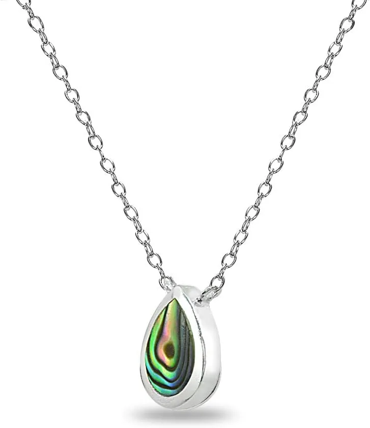 Sterling Silver Polished Inlay Teardrop Minimalist Dainty Necklace for Women, Choice of 3