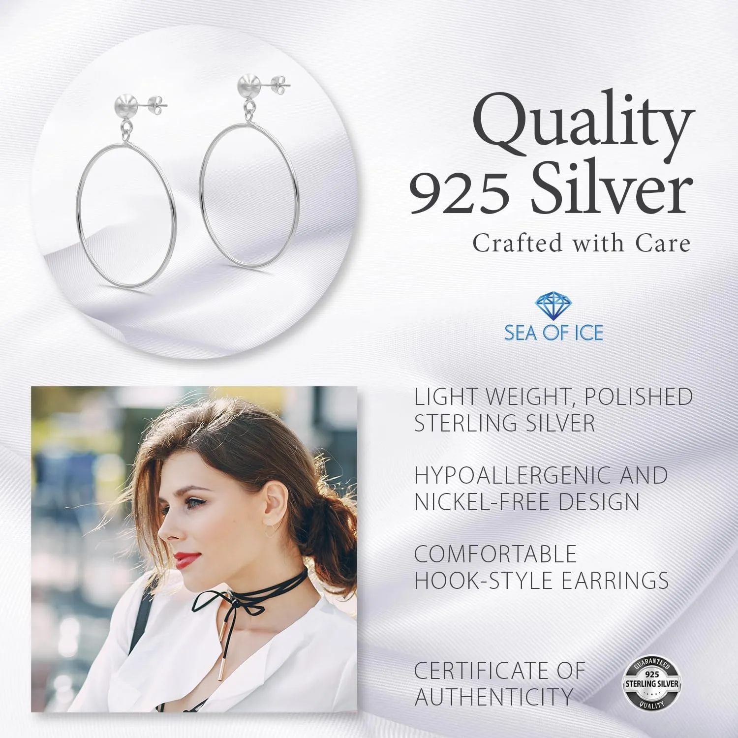 Sterling Silver Polished Open Round Drop Hoop Earrings 5mm Bead Post Dangle Earrings for Women