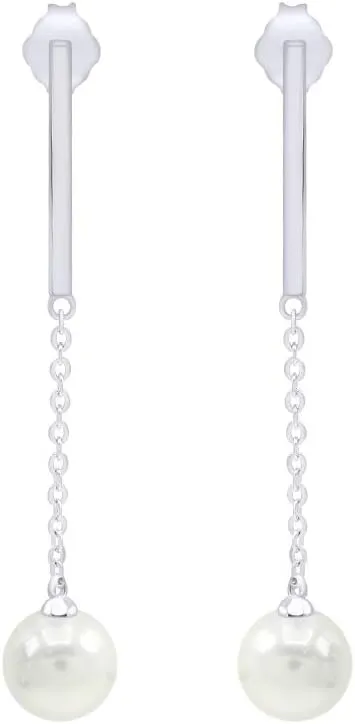Sterling Silver Simulated Freshwater Pearl Bar 14K Gold Plated Chain Stud Drop Dangle Earrings