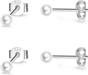 Sterling Silver Stud Earrings for Women- 2 Pairs 3mm Tiny Ball Stud Earrings Round CZ Cubic Zirconia Earrings Pearl Earrings Set Cartilage Small Tragus Earrings Nose Lip Rings