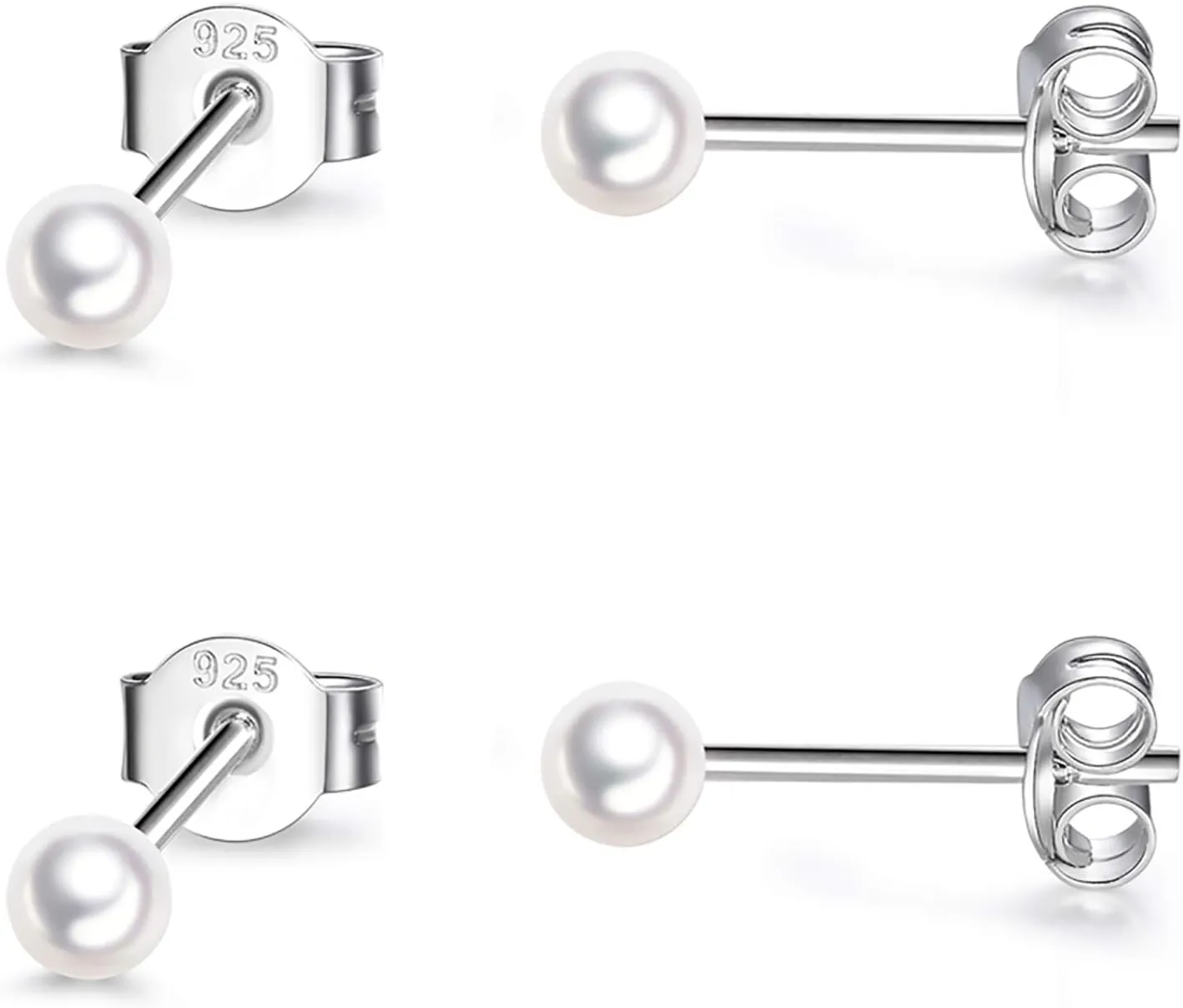 Sterling Silver Stud Earrings for Women- 2 Pairs 3mm Tiny Ball Stud Earrings Round CZ Cubic Zirconia Earrings Pearl Earrings Set Cartilage Small Tragus Earrings Nose Lip Rings