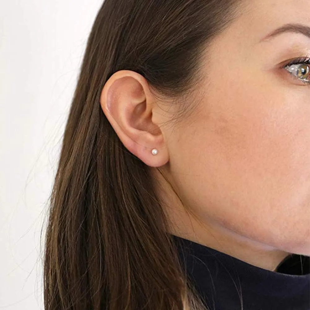 Sterling Silver Stud Earrings for Women- 2 Pairs 3mm Tiny Ball Stud Earrings Round CZ Cubic Zirconia Earrings Pearl Earrings Set Cartilage Small Tragus Earrings Nose Lip Rings