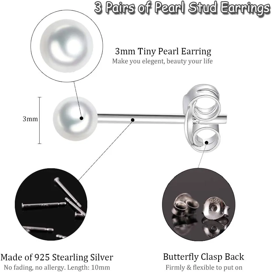 Sterling Silver Stud Earrings for Women- 2 Pairs 3mm Tiny Ball Stud Earrings Round CZ Cubic Zirconia Earrings Pearl Earrings Set Cartilage Small Tragus Earrings Nose Lip Rings