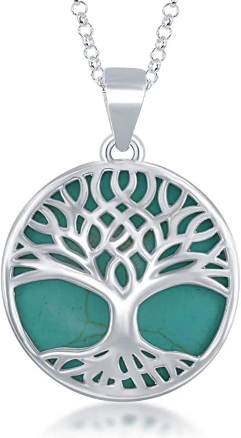Sterling Silver Turquoise Stone Abalone Mother of Pearl Necklaces for Women - Tree of Life Necklace - Unique Pendant Necklaces - Fine Jewelry Gifts for Women