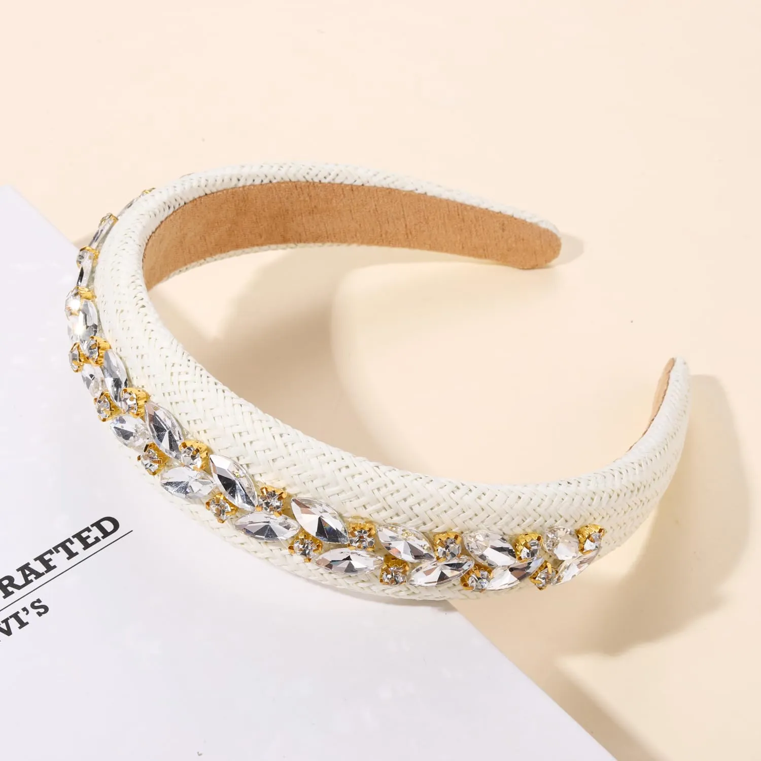 Straw Padded Headband for Women Crystal Jeweled Embellished Raffia Headbands Boho Rattan Wicker Braid Woven Hairband Summer Beach Holiday Party Hair Accessories