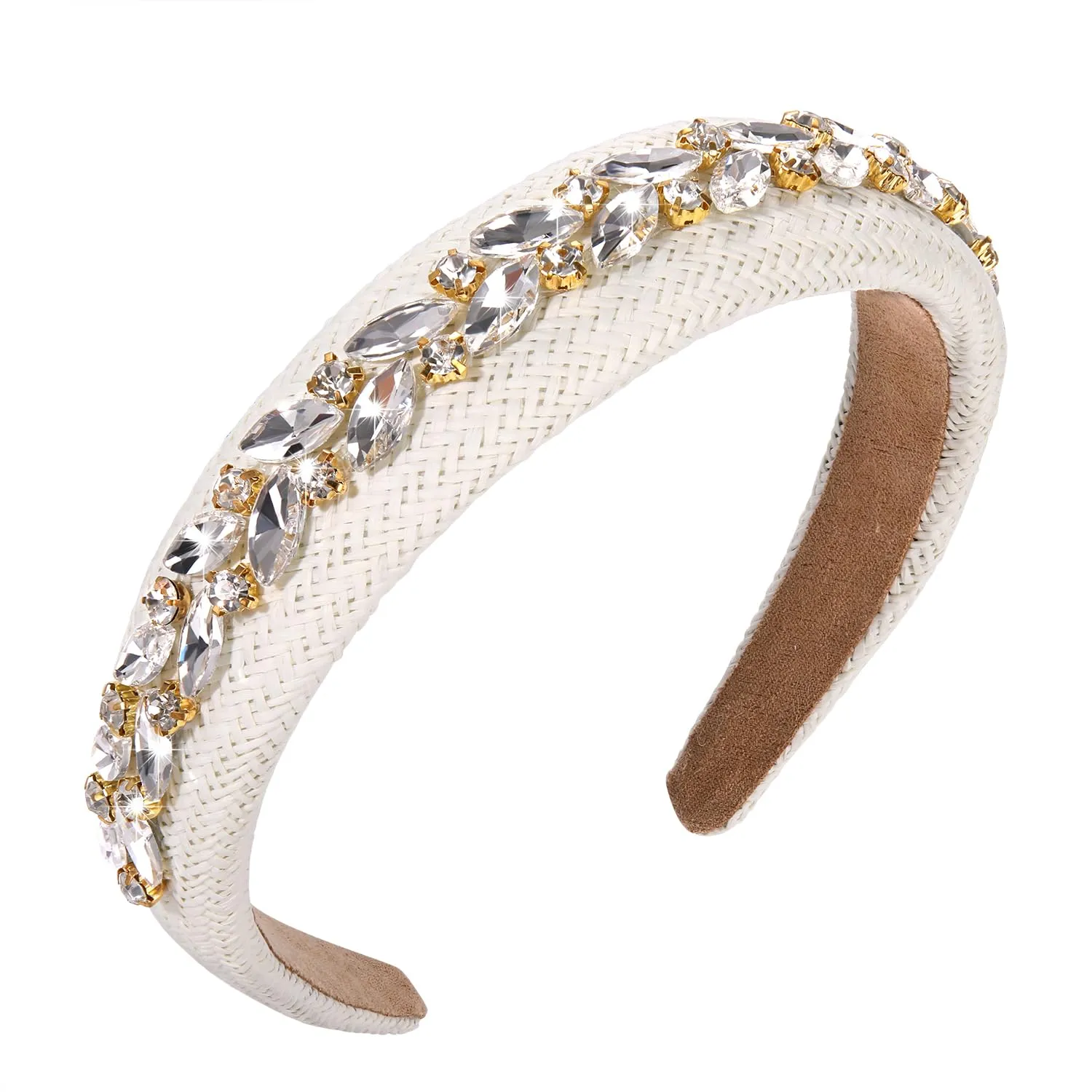 Straw Padded Headband for Women Crystal Jeweled Embellished Raffia Headbands Boho Rattan Wicker Braid Woven Hairband Summer Beach Holiday Party Hair Accessories