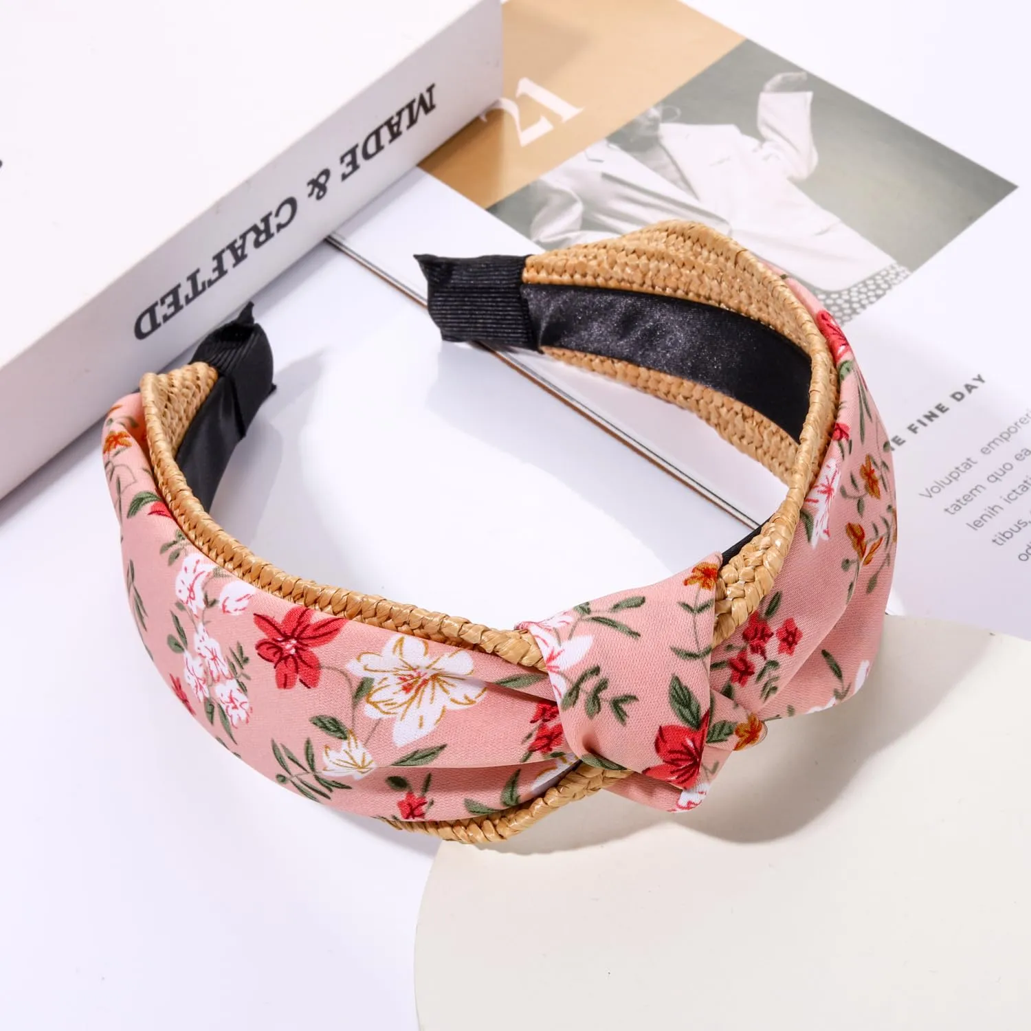Straw Rattan Headband for Women, Raffia Knotted Headband Summer Floral Headband Embellished Wide Top Knot Headband Boho Summer Beach Hair Accessories