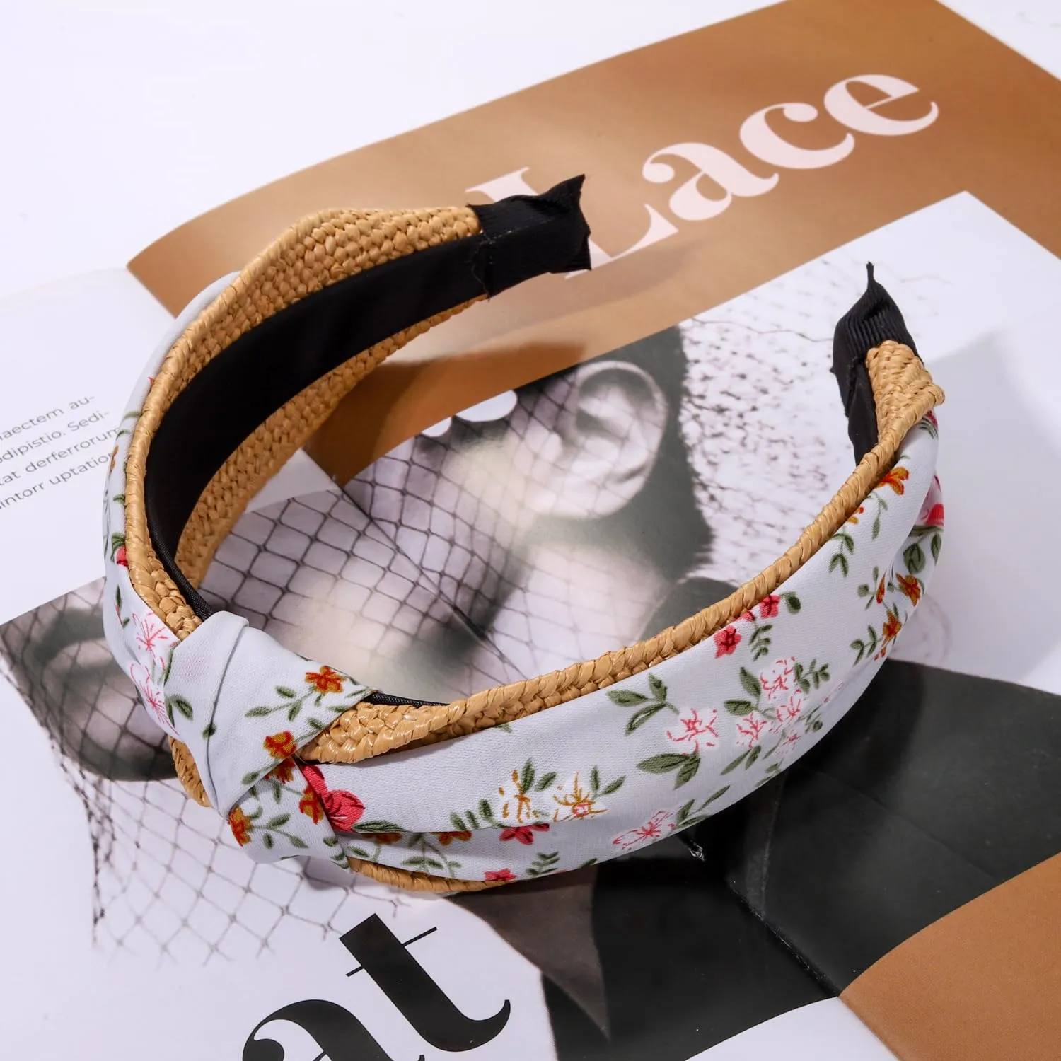 Straw Rattan Headband for Women, Raffia Knotted Headband Summer Floral Headband Embellished Wide Top Knot Headband Boho Summer Beach Hair Accessories