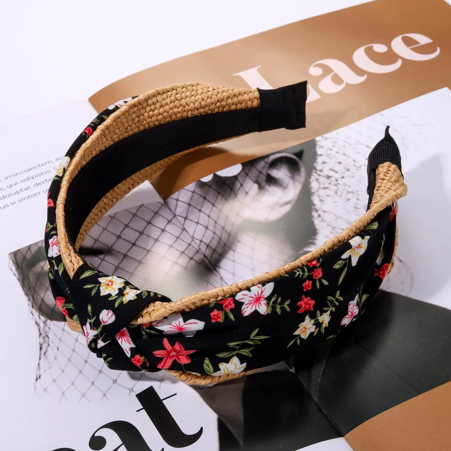 Straw Rattan Headband for Women, Raffia Knotted Headband Summer Floral Headband Embellished Wide Top Knot Headband Boho Summer Beach Hair Accessories