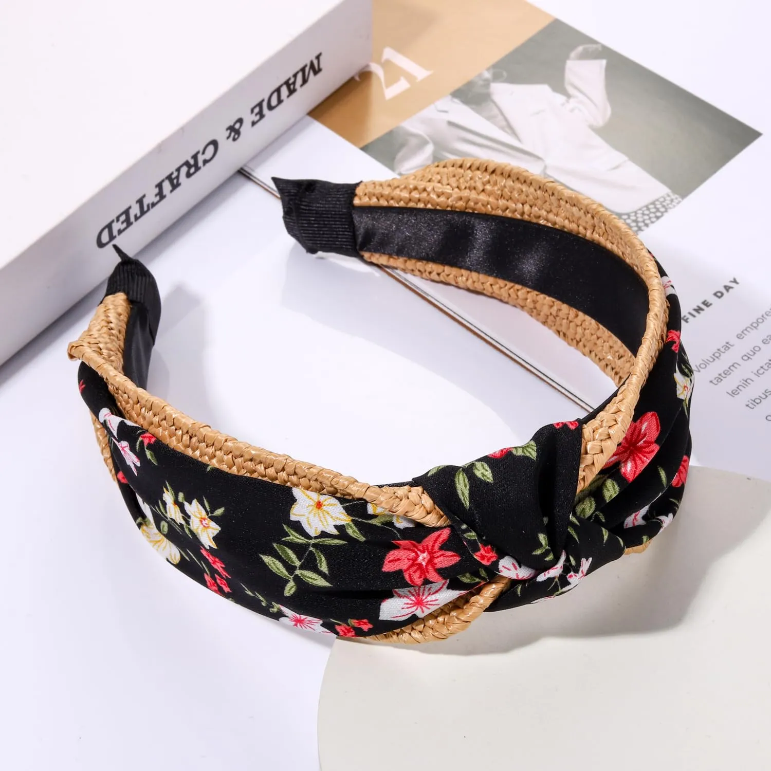 Straw Rattan Headband for Women, Raffia Knotted Headband Summer Floral Headband Embellished Wide Top Knot Headband Boho Summer Beach Hair Accessories