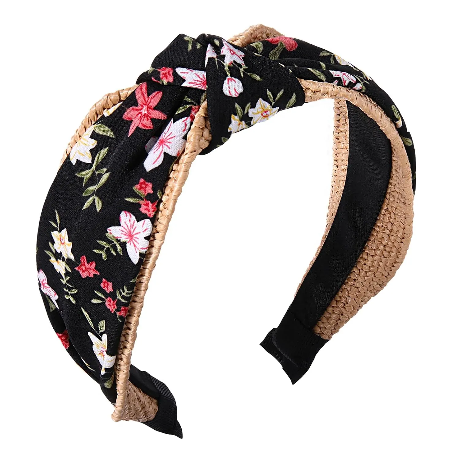 Straw Rattan Headband for Women, Raffia Knotted Headband Summer Floral Headband Embellished Wide Top Knot Headband Boho Summer Beach Hair Accessories